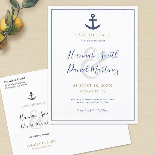 Anchor Nautical Navy Blue Wedding Save the Date Aankondigingskaart
