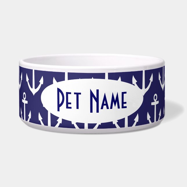 Anchor Nautical Navy Personalized Pet Bowl Voerbakje (Voorkant)