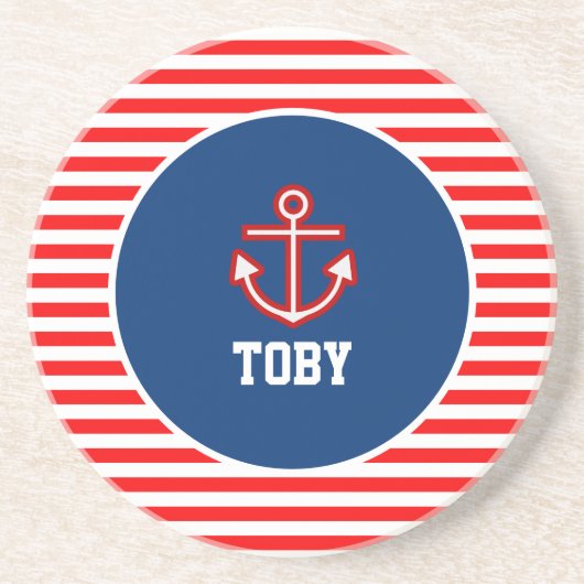 Anchor Nautical Navy Red en White Stripes Zandsteen Onderzetter (Voorkant)