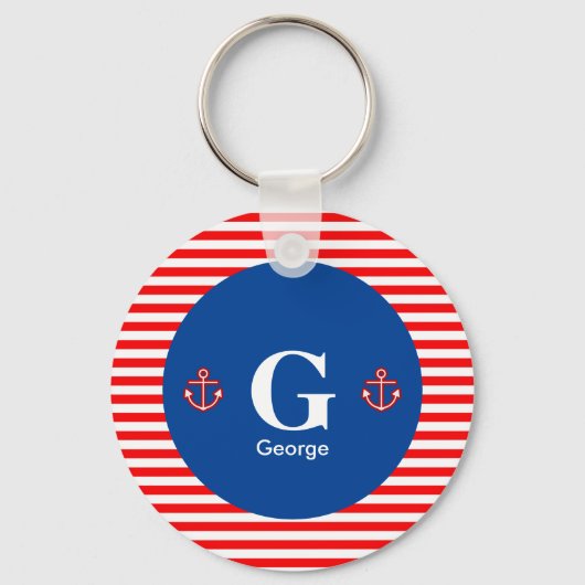 Anchor Nautical Navy Red White Stripes Pattern Sleutelhanger (Voorkant)
