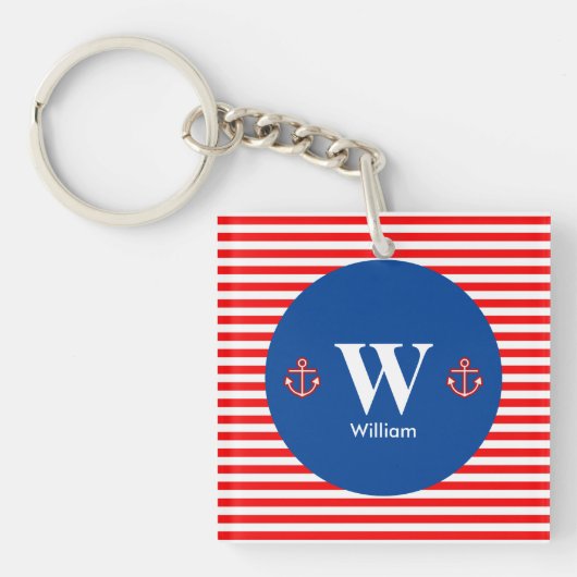 Anchor Nautical Navy Red White Stripes Pattern Sleutelhanger (voorkant)