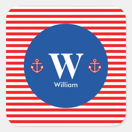 Anchor Nautical Navy Red White Stripes Pattern Vierkante Sticker (Voorkant)