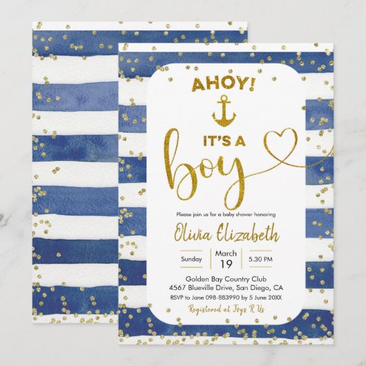 Anchor Navy Blue en Gold Stripes Het is een jongen Kaart (Voorkant / Achterkant)