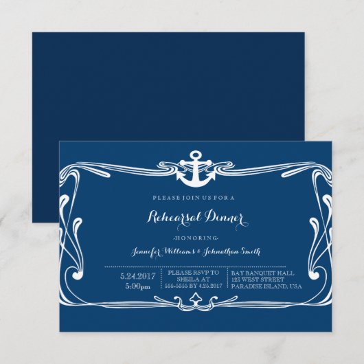 Anchor Navy Blue Rehearsal Dinner Invitations Kaart (Voorkant / Achterkant)
