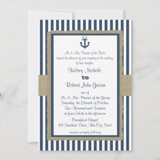 Anchor Navy Blue Stripes Beach Wedding Kaart (Achterkant)