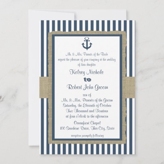 Anchor Navy Blue Stripes Beach Wedding Kaart (Achterkant)