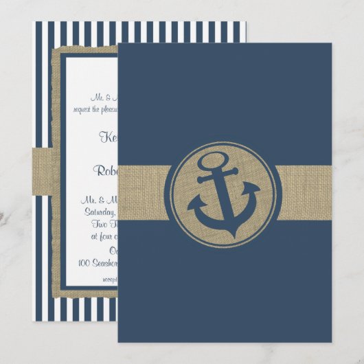 Anchor Navy Blue Stripes Beach Wedding Kaart (Voorkant / Achterkant)