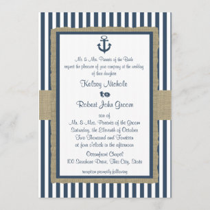 Anchor Navy Blue Stripes Beach Wedding Kaart