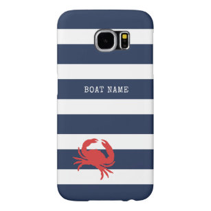 Anchor Navy Blue Stripes Red Crab Boat Name Samsung Galaxy S6 Hoesje