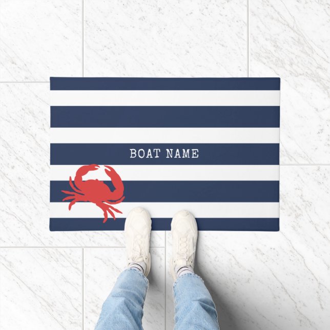 Anchor Navy Blue Stripes Red Crab Boat Name Deurmat (Binnen)