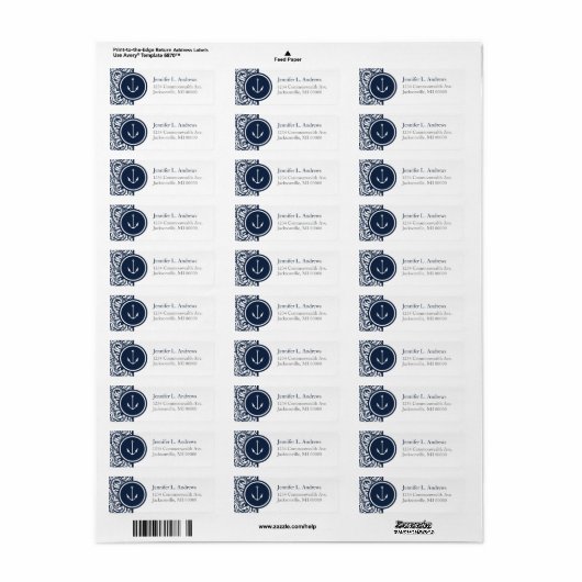 Anchor Navy Damask Adresetiketten Etiket (Full Sheet)