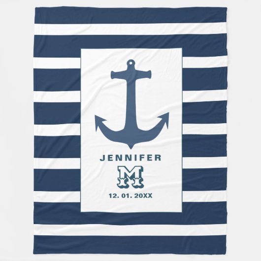 Anchor navy strepen Vleece Blanket Fleece Deken (Voorkant)