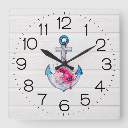 Anchor On White Wood Square Wall Clock Vierkante Klok (Voorkant)