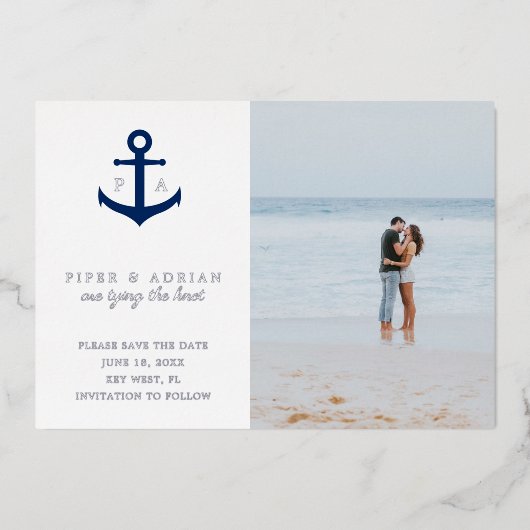 Anchor Photo Nautical Wedding Save the Date Silver Folie Uitnodiging (Voorkant)