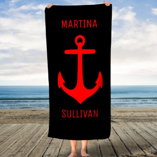Anchor Red in Black Custom Bath Towel Badhanddoek
