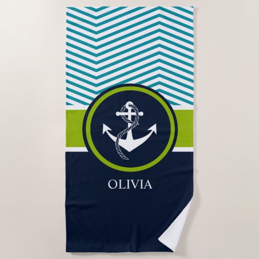 ANCHOR STRIPED NAUTICAL MONOGRAM GREEN AND NAVY STRANDLAKEN (Voorkant)