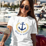 Anchor Uw Boat Name Gold Laurel Leaves White T-shirt<br><div class="desc">Een op maat gemaakt nautisch bootanker,  gouden laurierbladeren en een gouden ster met en uw persoonlijke naam of bootnaam op het witte t-shirt van een vrouw. Het maakt een geweldig cadeau.</div>