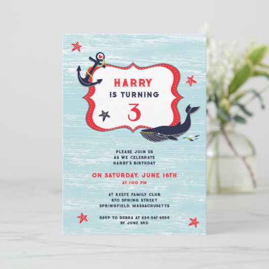 Anchor Whale Verjaardagsfeest Platte Uitnodiging (Staand voorkant)