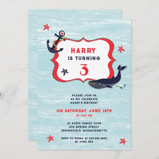 Anchor Whale Verjaardagsfeest Platte Uitnodiging (Voorkant / Achterkant)