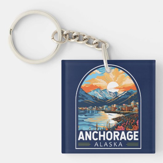 Anchorage Alaska Travel Art Embleem Sleutelhanger (Voorkant)