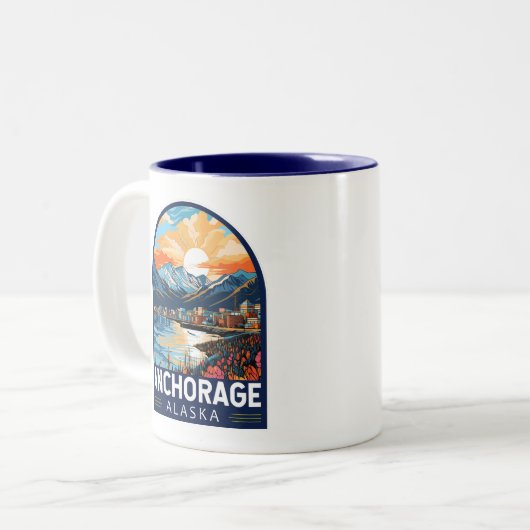 Anchorage Alaska Travel Art Embleem Tweekleurige Koffiemok (Voorkant links)