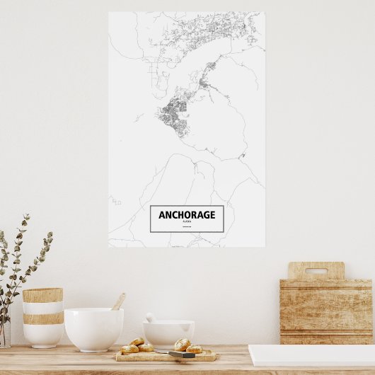 Anchorage, Alaska (zwart op wit) Poster (Keuken)
