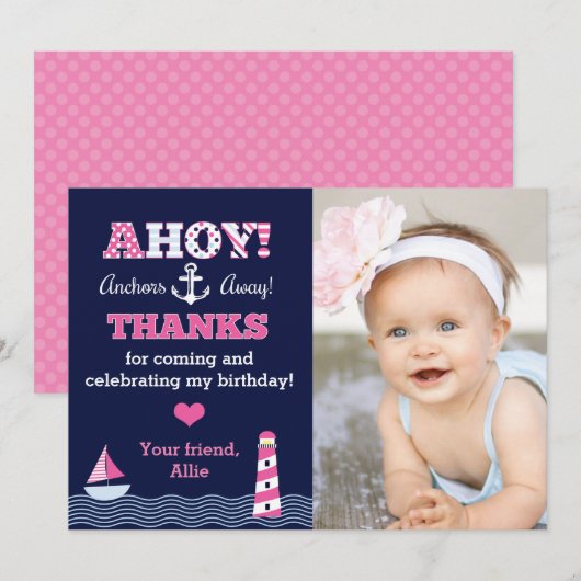 Anchors Away Girl's Nautical Photo Bedankt Opmerki (Voorkant / Achterkant)