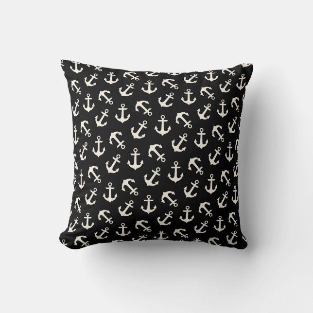 Anchors Away Nautical Pattern in Black Kussen (Voorkant)