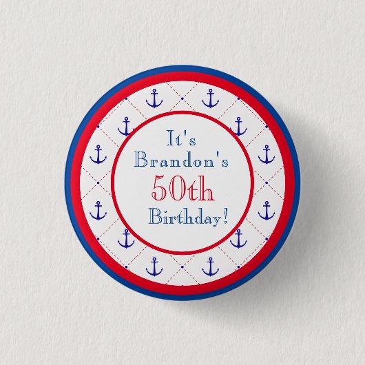 Anchors Away Red White Blue 50th Birthday Ronde Button 3,2 Cm (Voorkant)