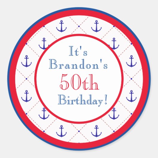 Anchors Away Red White Blue 50th Birthday Ronde Sticker (Voorkant)