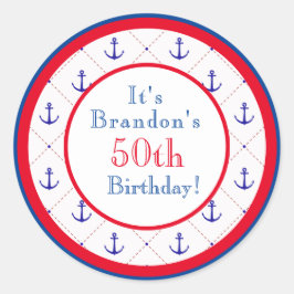 Anchors Away Red White Blue 50th Birthday Ronde Sticker