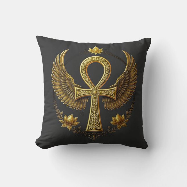 Ancient Ankh Power Divine Gold Black Decor Kussen (Voorkant)
