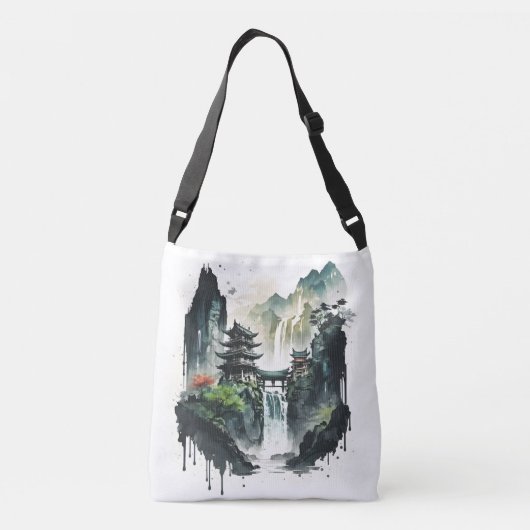 Ancient Chinees inklandschap met waterval Crossbody Tas (Achterkant)
