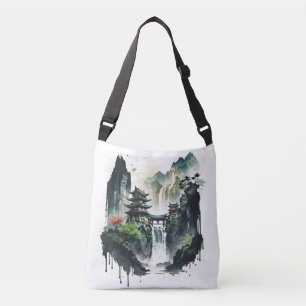 Ancient Chinees inklandschap met waterval Crossbody Tas