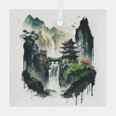 Ancient Chinees inklandschap met waterval Glas Ornament (Achterkant)
