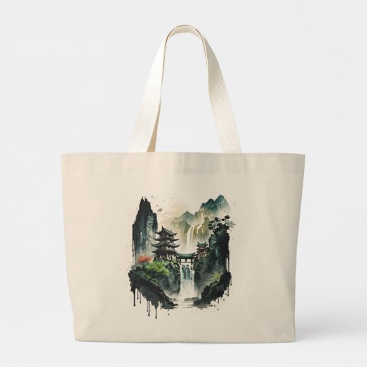 Ancient Chinees inklandschap met waterval Grote Tote Bag (Achterkant)