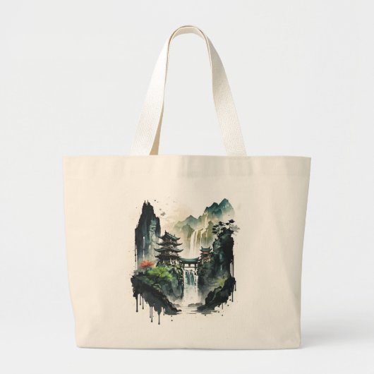 Ancient Chinees inklandschap met waterval Grote Tote Bag (Voorkant)