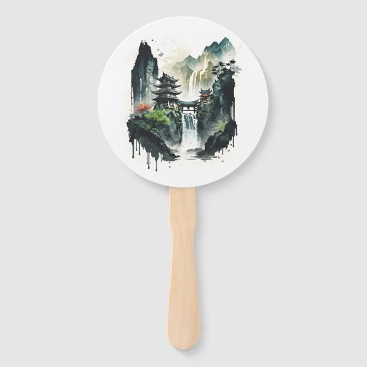 Ancient Chinees inklandschap met waterval Handwaaier (Voorkant)
