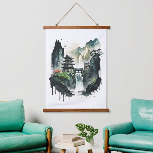 Ancient Chinees inklandschap met waterval Hangend Wandkleed (Woonkamer)