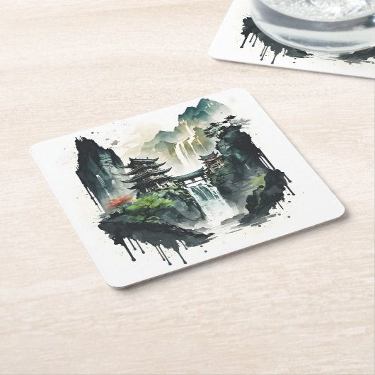 Ancient Chinees inklandschap met waterval Kartonnen Onderzetters (Schuin)