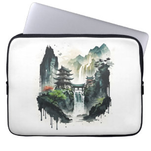 Ancient Chinees inklandschap met waterval Laptop Sleeve