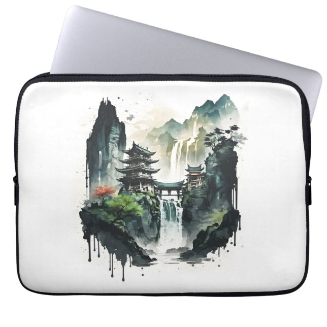 Ancient Chinees inklandschap met waterval Laptop Sleeve (Voorkant)