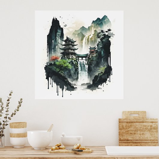 Ancient Chinees inklandschap met waterval Poster (Keuken)