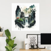 Ancient Chinees inklandschap met waterval Poster (Thuiskantoor)
