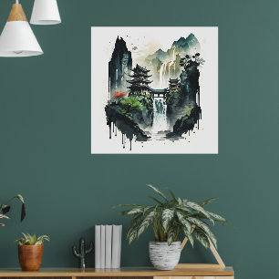 Ancient Chinees inklandschap met waterval Poster
