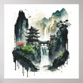 Ancient Chinees inklandschap met waterval Poster (Voorkant)