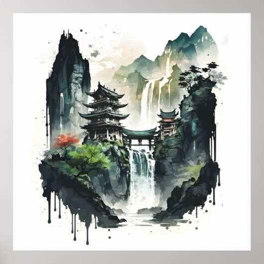 Ancient Chinees inklandschap met waterval Poster (Voorkant)