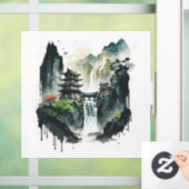 Ancient Chinees inklandschap met waterval Raamsticker (Huis)