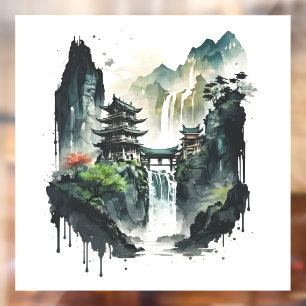 Ancient Chinees inklandschap met waterval Raamsticker