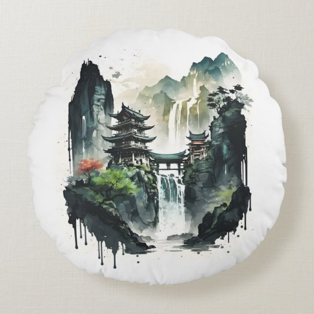 Ancient Chinees inklandschap met waterval Rond Kussen (Voorkant)